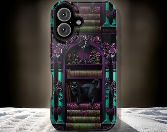 Dark academia Bookshelf Magnetic Phone Case   Floral black cat on books aesthetic iPhone case  iPhone  - 13 14 15 16 Pro Max Plus Mini