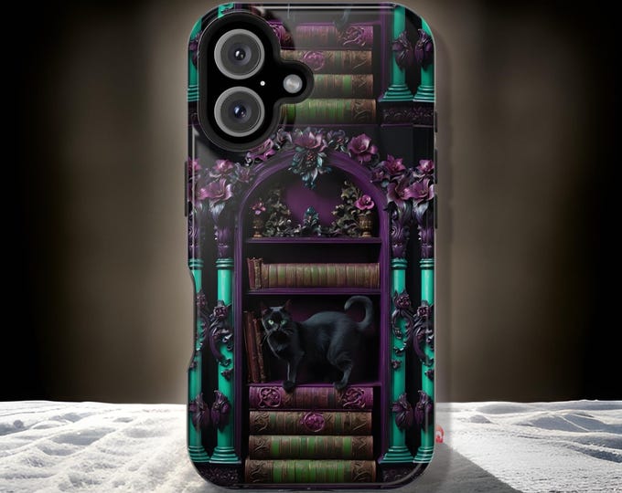 Dark academia Bookshelf Magnetic Phone Case   Floral black cat on books aesthetic iPhone case  iPhone  - 13 14 15 16 Pro Max Plus Mini