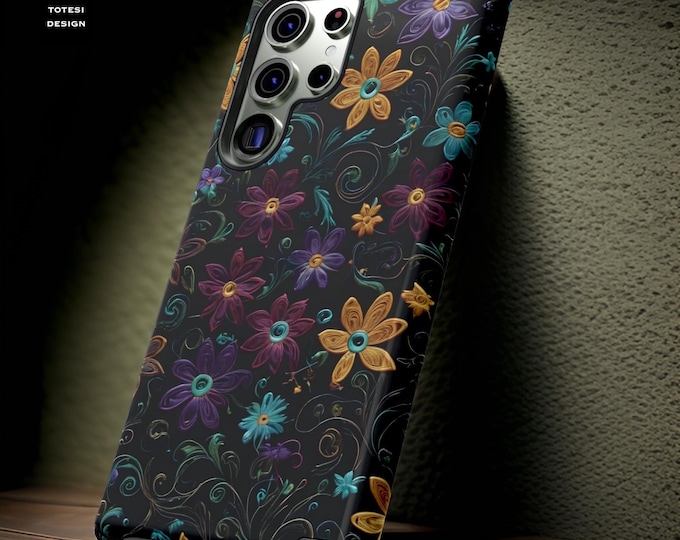 Winter Cute Dark Floral Tough Phone Case, iPhone 16 15 14 13 12 11 Pro Max Plus Samsung S24 S23 S22 Plus Ultra Google 8 7 6, Glossy Matte