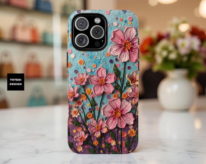 Phone Case, Flower Modern Art Tough Case for iPhone Samsung, Gift for Her, Arty Abstract, Pink Blue, Protective Cover