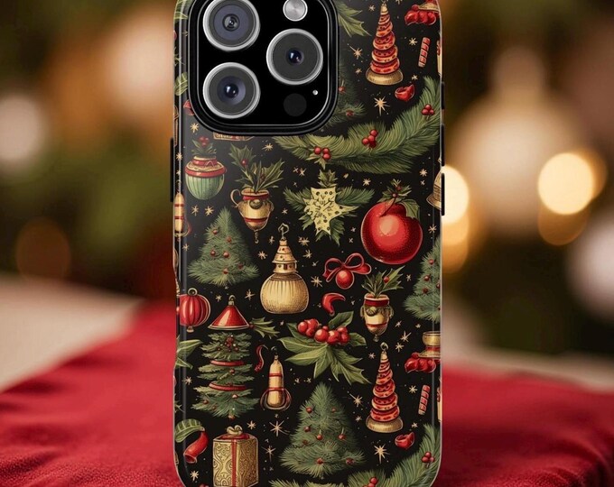 Vintage Winter Christmas iPhone dual layer sturdy  tough case 16 15 14 13 12 11 Pro Max Mini Plus |Samsung Google  Glossy or Matte