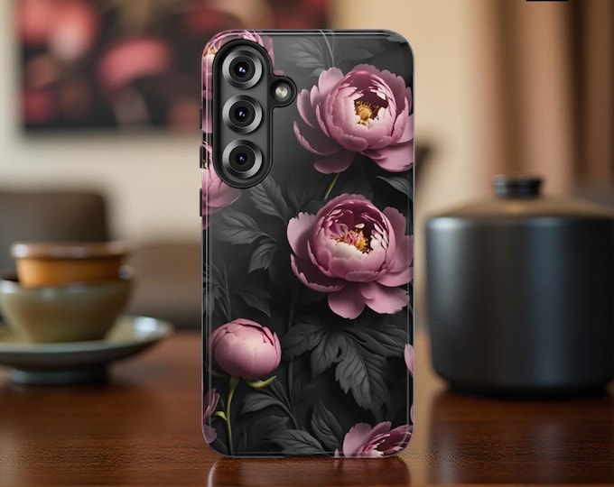 Dark floral phone case pink peony Flower aesthetic Samsung Galaxy Phone Case S25 S24 S23 S22 S21 Matte or Glossy Wireless Charge when flat
