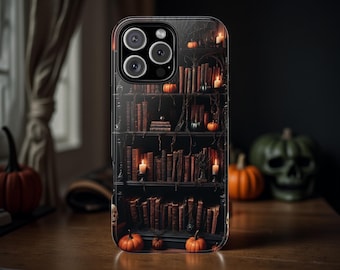 Dark Academia Halloween Phone Case: Gothic Library Bookshelf Tough Case