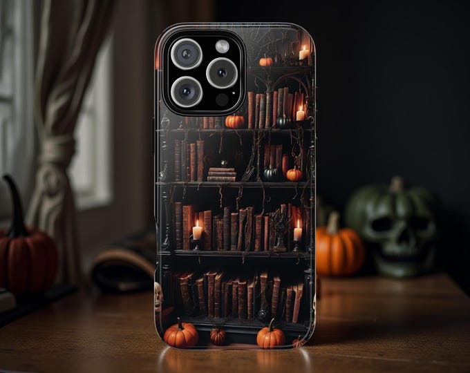 Dark Academia Halloween Phone Case: Gothic Library Bookshelf Tough Case
