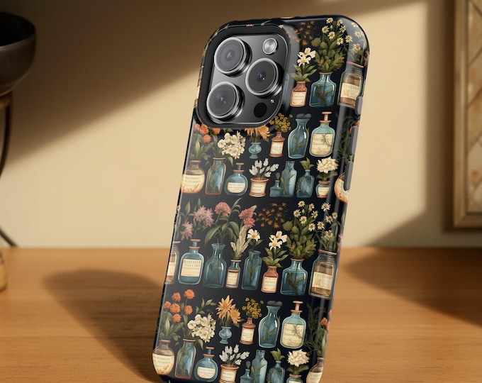 Dark floral Nature Apothecary iPhone Magnetic Tough Case, Plants Flowers Nature, iPhone 16 15 14 13 Pro Max Plus, Gift for Birthday Gardener