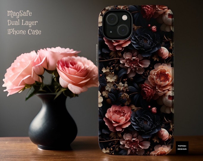 Pretty  Dark Floral bohemian aesthetic iPhone case - iPhone MagSafe tough case - 13 14 15 Pro Max Plus Mini