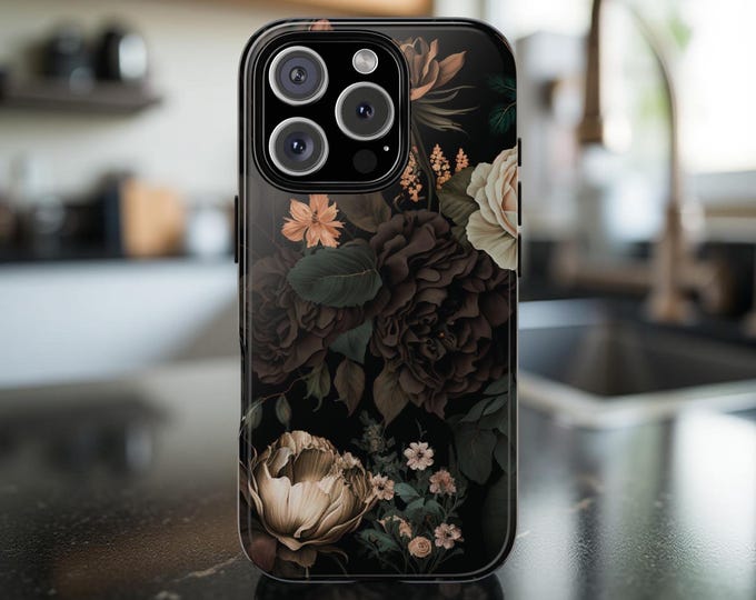 Brown Dark Floral Academia phone cases| iPhone 16 15 14 13 12 11 Pro Max Plus Tough Case | Chic Winter Moody Flowers