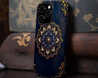 Navy blue Gold Mandala Art Phone Case | Magnetic Impact-Resistant Case