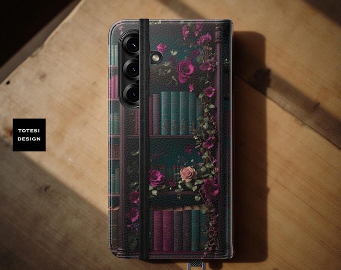 Bookshelf Dark Academia  Cover Phone Wallet Case, Flip Folio Gothic iPhone Samsung Galaxy Cover, Card Holder Stand Gift Bookworms Cute