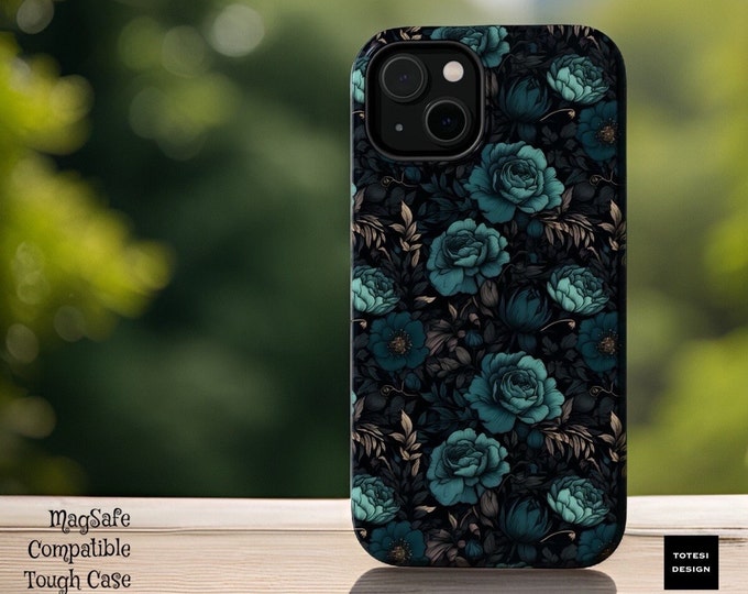 Teal turquoise MagSafe Compatible Dark Floral iPhones 13 14 15 16 Pro Max Plus Mini