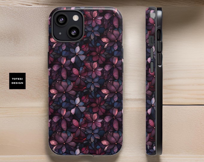 Dark floral berry purple iPhone Samsung Google tough case 16 15 14 13 12 11 Pro Max Plus, Galaxy S24 S23 S22 S21 S21 Plus Ultra