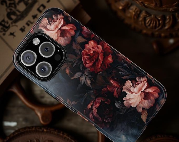 Gothic Floral Tough Cases - Samsung S25 S21 S23 Google Pixel 9 7 iPhone 16 15 14 13 Pro Max Plus, Dark Academia Phone Covers, Protective
