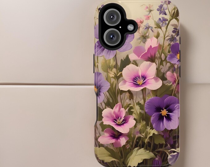iPhone cases Vintage Floral Pink Violet flowers MagSafe Compatible Magnetic  iPhone 13 14 15 16 Pro Max Plus Mini | Dual layer|Glossy Matte