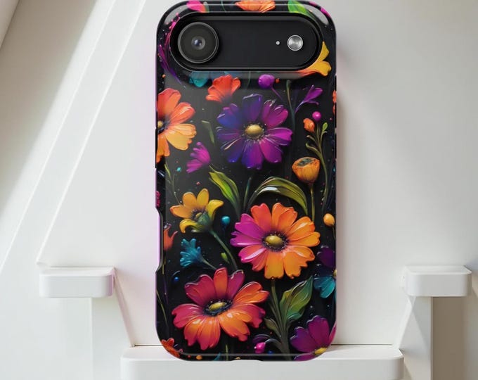 Black Neon Floral iPhone MagSafe Tough Case