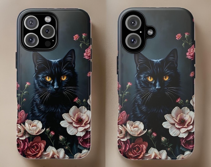 Black Cat Phone Case Gothic Floral iPhone 16 15 14 13 12 11 S24 S23 S22 S21 Plus, iPhone 16 15 14 13 12 11 Pro Max Plus | Gift Cat Lover