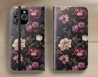 Dark Purple Floral iPhone Wallet Case, Bohemian Folio Phone Cover