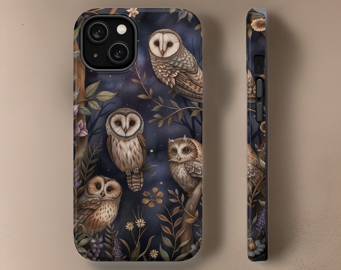MagSafe Cute Evening Owls in Trees Magnetic iPhone 2 Layer tough case 13 14 15 16 Pro Max Plus Mini | Glossy or Matte Dual Layer Sturdy Case