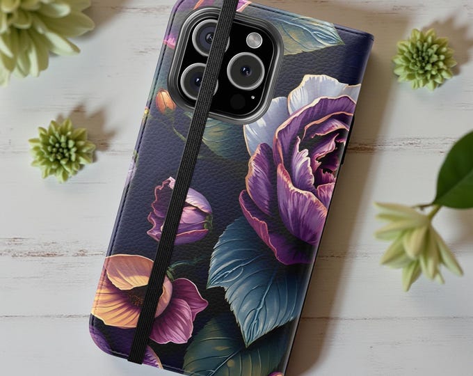 Boho Dark Floral Vegan Leather Phone Case | Wallet Cardholder