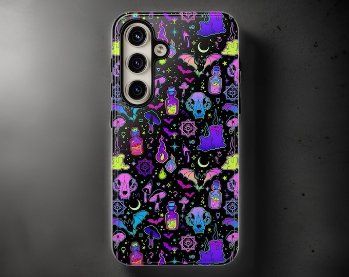Witchy Neon Samsung Galaxy Tough Cases | S24 S23 S22 S21 Plus, Ultra | Gothic| Neon| magical| Halloween, bats| skulls| Glossy| Matte| cute
