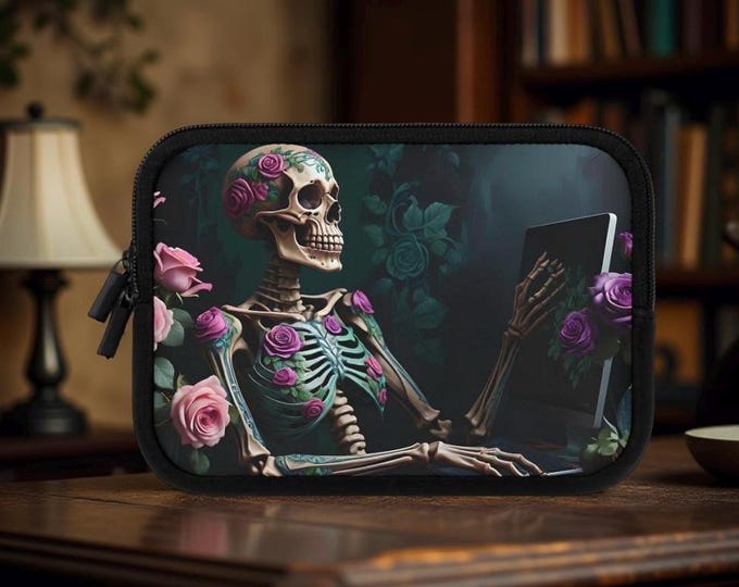 Karoshi - Death from Overwork -Gothic Skeleton Roses Laptop Sleeve Case for Students office , Student Reader iPad MacBook Kindle Cover