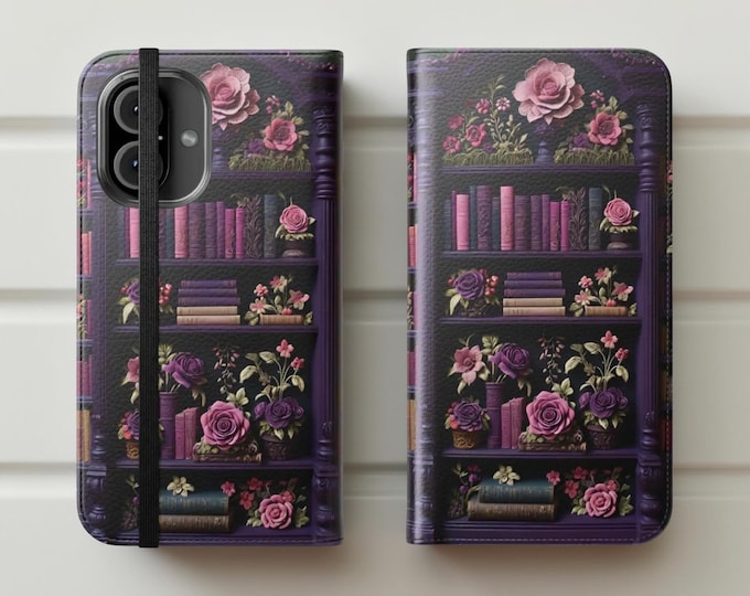 Books Boho Floral Purple Folio Wallet iPhone Case, Stylish Unique Chic Gift for Her, Dark Moody Floral Phone Cover, Flip Stand Cases