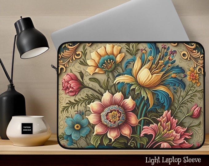 Floral Vintage Botanical Laptop Sleeve, Padded MacBook Case, Plush Fleece Interior, 12 13 15 inch Sleeve, Whimsical Birthday Gift,