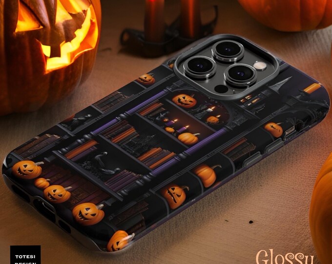 Dark Academia Halloween Gothic Bookcase Pumpkins Fall  iPhone Cases Tough Sturdy 15 14 13 12 11 Pro Max Mini   Glossy or Matte