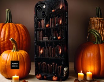 Fall MagSafe iPhone 16 case Bookshelf Spooky Halloween bookish cute aesthetic tough phone case 13 14 15 Pro Max Plus Mini| Goth gifts