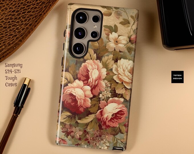 Vintage Light Floral Art Beige Peach Samsung Galaxy Tough Case S24 S23 S22 S21 Plus Ultra | Glossy or Matte