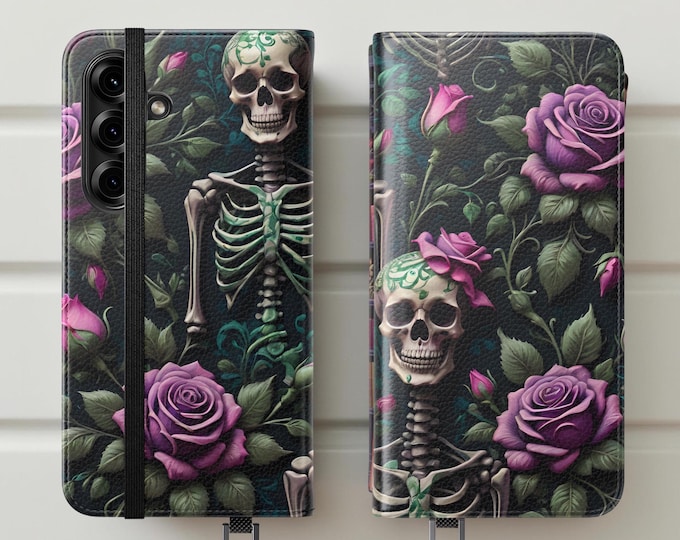 Gothic Skeletons Flip Cases, Horror Mortality Roses Phone Cover, Spooky Goth Accessories, Creepy Halloween Gifts, Dark Floral Cellphone