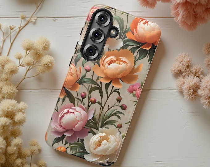 Boho Floral cell phone case tough cases coral pink peonies  |Samsung S21, S22, 23, S24 S25, iPhone 16 15 14 13 12 11 |Glossy Matte