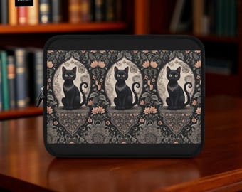 Boho Black Cat Laptop Sleeve Mac iPad Kindle Sleeve, Mac Padded, Back to School Work Tech Accessory Her , 7 10 13 15 17 inch, Cute Design