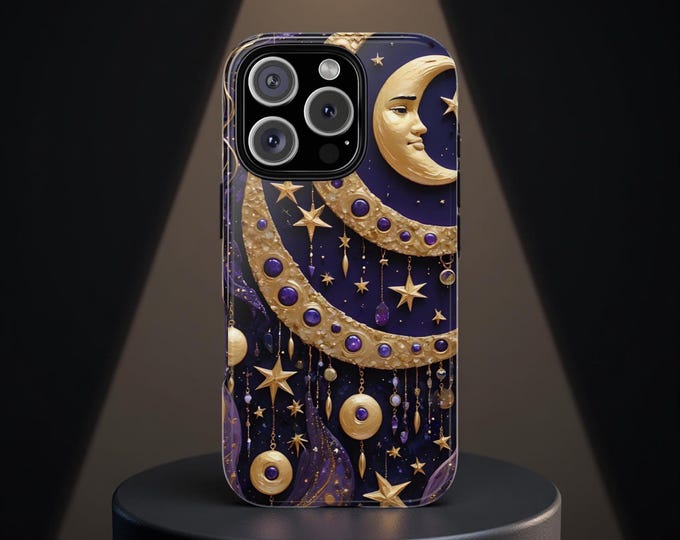 Goth Whimsy Celestial Art Purple Lunar Stars Tough Phone Case, Samsung Galaxy S25 S24 S23 S22| iPhone 16 15 14 13 12 11 Pro Max plus,