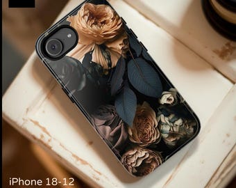 May include: A black smartphone case featuring a floral print with beige and brown roses and dark blue leaves. The text TOTESI DESIGN is visible in the top left corner. The text iPhone 18-12 and Samsung S26-S22 is printed at the bottom left.