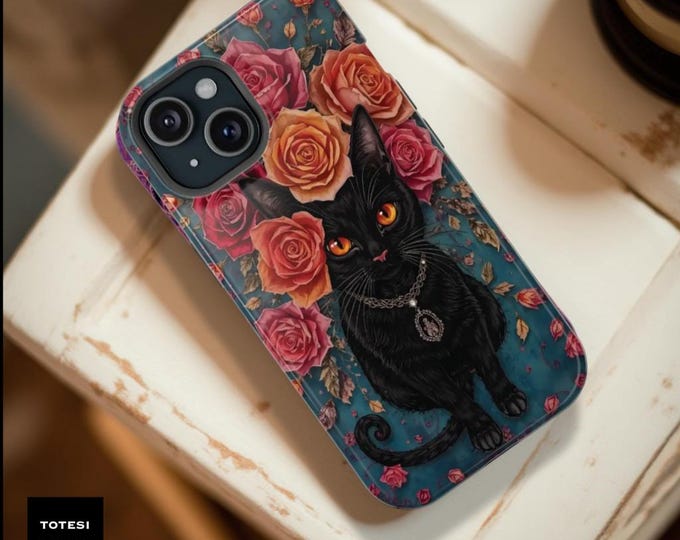 Black Cat Floral iPhone 16 17 Pro Max Case: Whimsical Witchy Goth MagSafe Cover