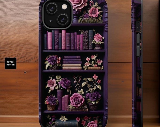 Magnetic Tough Cases, Cute Floral Pink Purple Book Lover, iPhone Comp, Matte Glossy, MagSafe, 16 15 14 13 Pro Max Plus, Tough Case