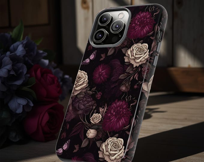 Dark Floral Academia Goth Moody Tough Cases, Moody Dark Academia Floral Phone Covers, Matte/Glossy iPhone/Samsung/Google, matte glossy