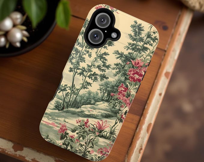 Vintage Botanical Toile Magnetic iPhone Case, Floral Nature Gift for Mom, iPhone 16 15 14 13 Plus Pro Max, Tough Case