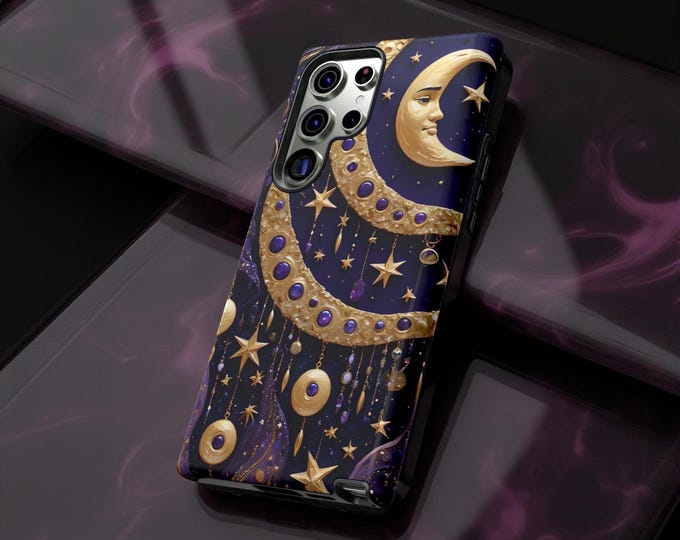Goth Whimsy Celestial Art Purple Lunar Stars Tough Phone Case, Samsung Galaxy S25 S24 S23 S22| iPhone 16 15 14 13 12 11 Pro Max plus,