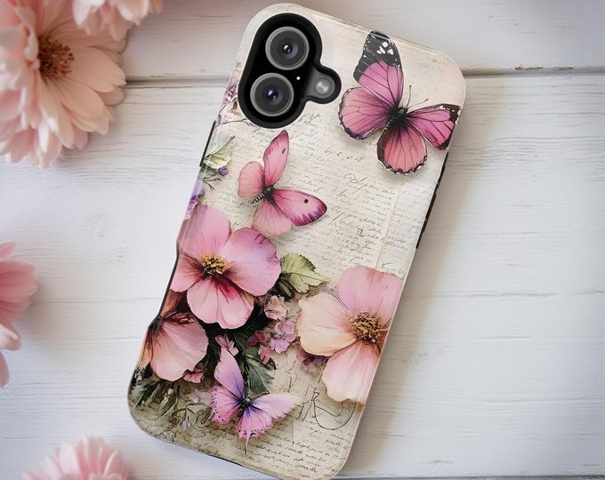 Magnetic Tough Cases, Coquette Cute MagSafe iPhone Case, Pastel Pink Flower Butterflies, French Vintage Romantic, 16 15 14 13 Pro Max Plus