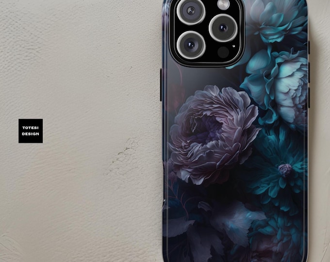 Dark floral blue black aesthetic Tough Phone Case Samsung S24 S23 S22 Google iPhone 16 -11 |Glossy or Matte