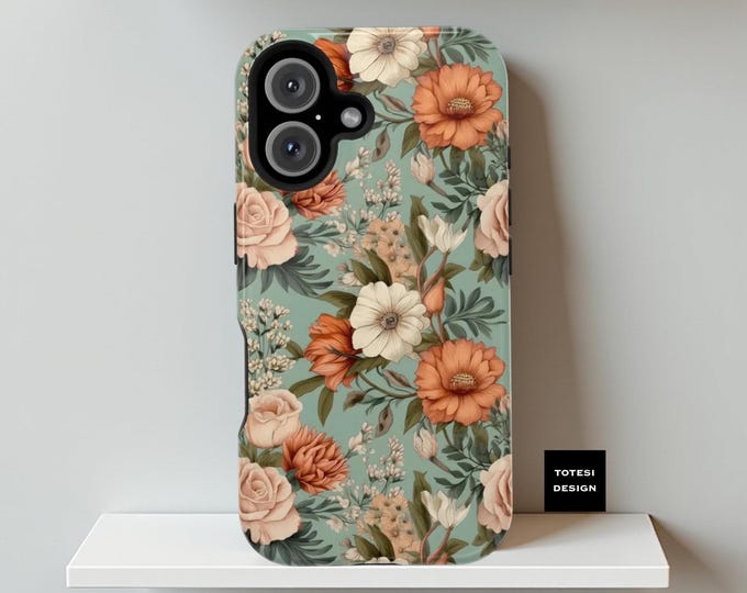 MagSafe iPhone case, Mint Pink Cute Boho Floral aesthetic iPhone Tough Case 13 14 15 16 Pro Max Plus | glossy or matte | MagSafe Compatible
