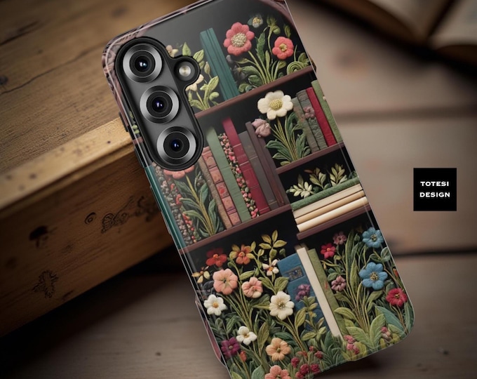 Floral Bookshelf Phone Case: Whimsical Book Lover Gift