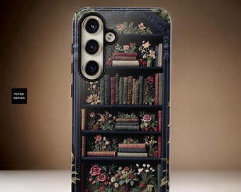 Library Phone Cases Goth dark academia books floral bookish iPhone  Samsung S24 S23 S22 Google, books phone case, 16 15 14 13 12 11 S24 S23