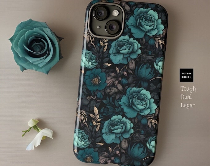 Teal Dark Floral Samsung S24 S23 S22 iphone cases 16 15 14 13 22 23 Plus Ultra Pro Max  roses Victorian Gothic floral|Glossy Matte