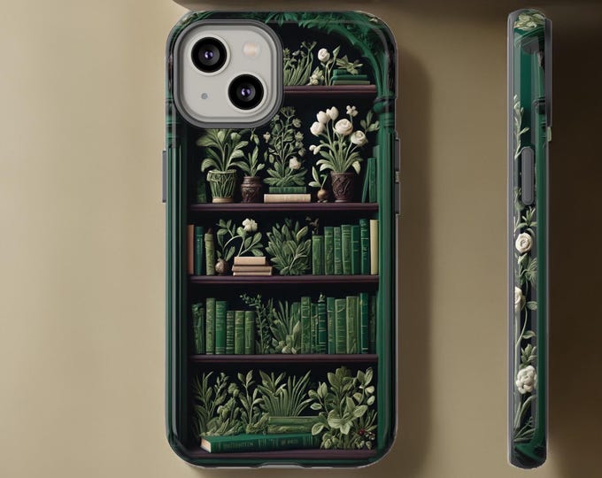 Green Gothic Bookcase Samsung Phone Case S25 S24 S23 S22, iPhone Tough Case 16 15 14  , bookish garden, Book Worm Gift, Literary Accessory