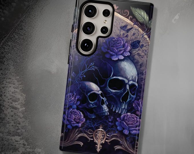 Gothic Skull Purple Roses, Samsung Galaxy tough phone cases S21, S22, S23 S24 Plus, Ultra| iPhone case 16 15 14 13 12 11, Glossy  Matte