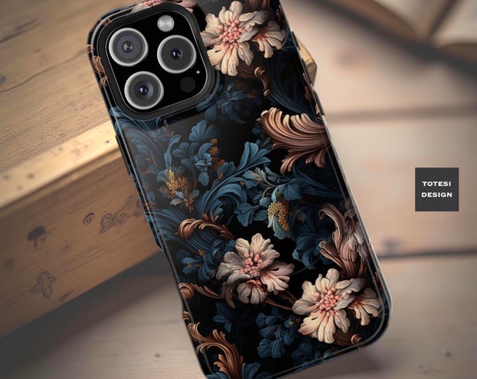 Gothic Floral iPhone Case: Black Academia Pink Flowers, MagSafe Compatible