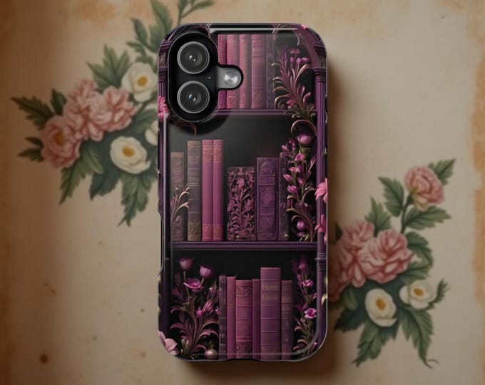 Bookish Vintage Bookshelf iPhone Case – Pink Dark Academia MagSafe Tough Phone Cover