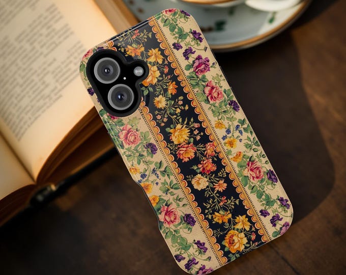Vintage Floral iPhone MagSafe Compatible phone cover, dual layer impact protection, 13 14 15 16 Pro Max Plus Mini boho preppy phone case